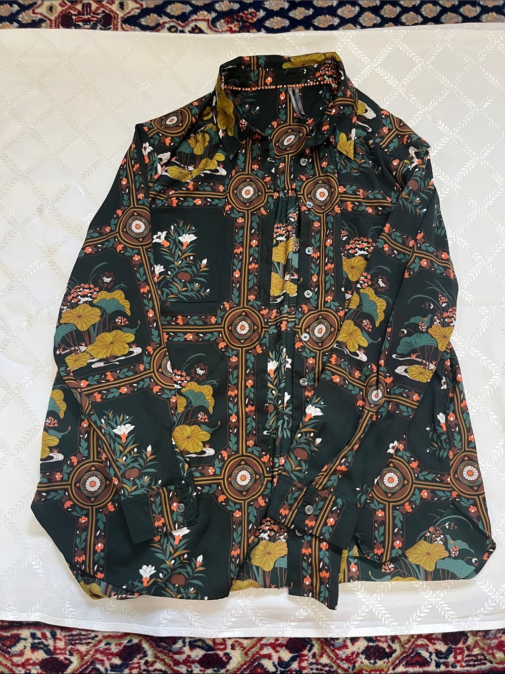 Anthropologie Dark Green Floral Grid Button-Front blouse